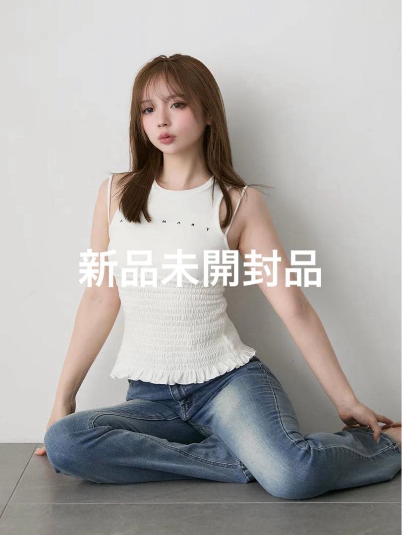 トップス andmary Ami shirring logo tops white