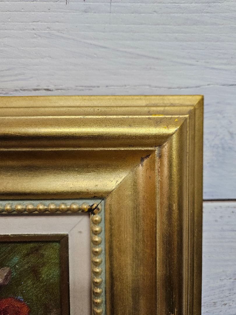 真作 山本亜稀 作 油彩「グラスの赤い花」油絵 絵画 額装 花