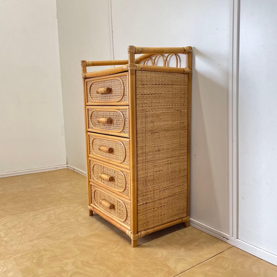 籐 ラタン 5段チェスト 引き出し 収納 タンス 電話台 スリム ビンテージ