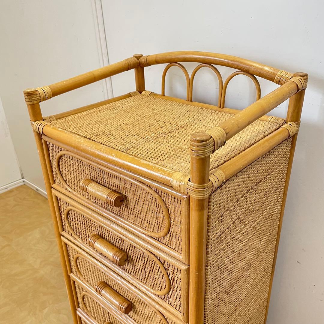 籐 ラタン 5段チェスト 引き出し 収納 タンス 電話台 スリム ビンテージ