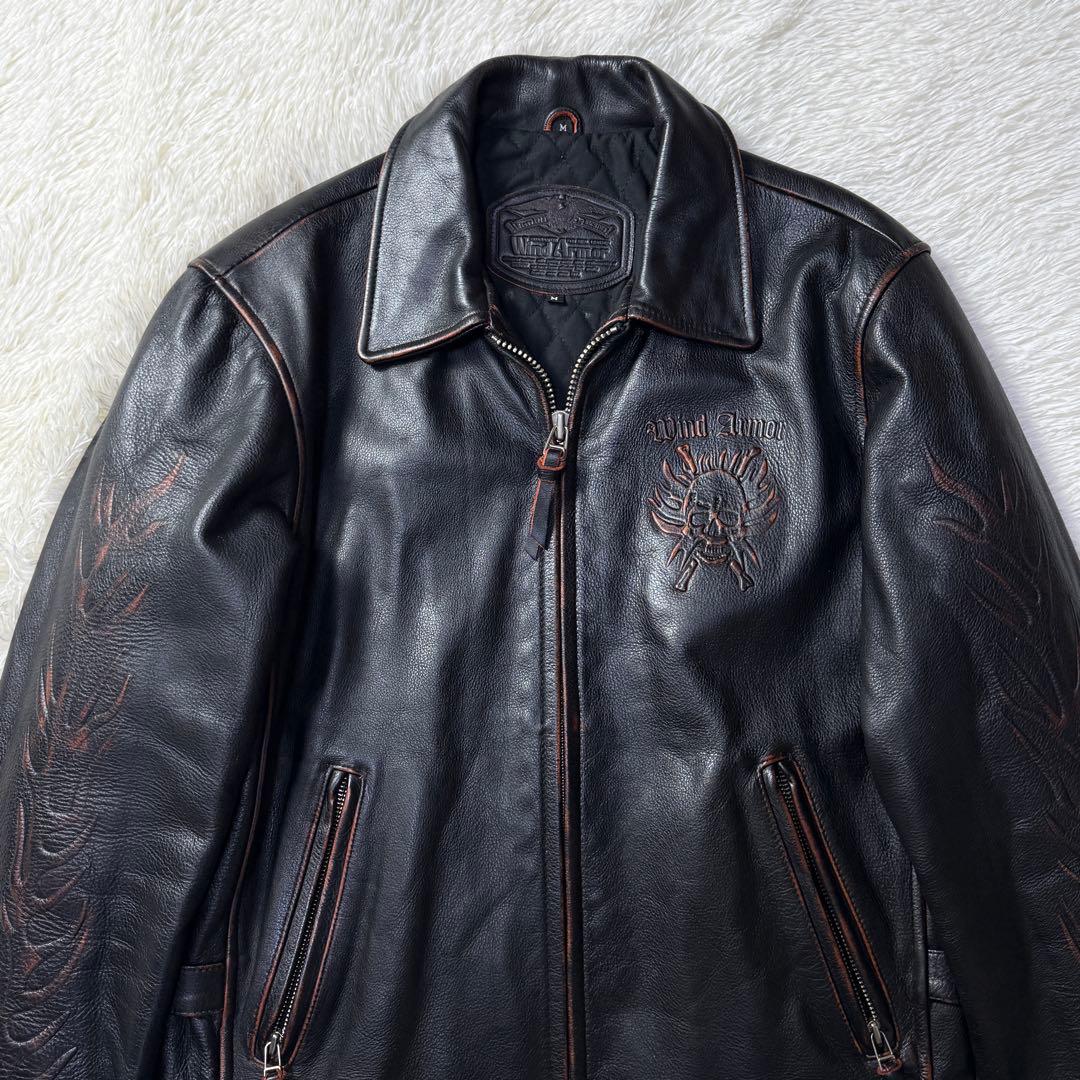 美品⭐️Wind Armor 茶芯 立体スカル&ファイヤーパターン ライダース