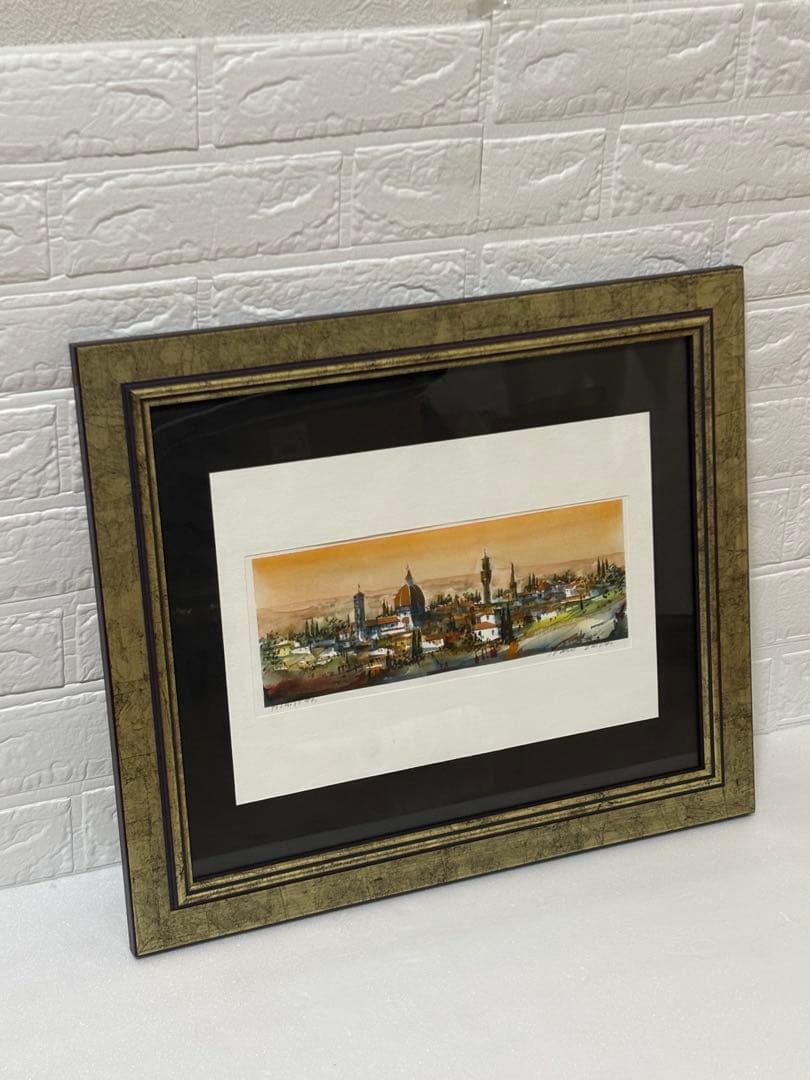 水彩画 イタリアのフィレンツェの街並 サイン入り