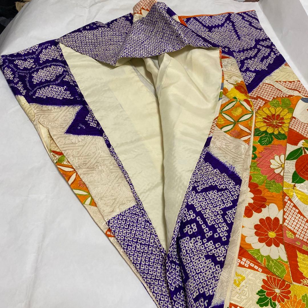 振袖　長襦袢　袋帯　3点セット　紺色　紫　有松絞り　鹿の子絞り　金駒刺繍　金彩