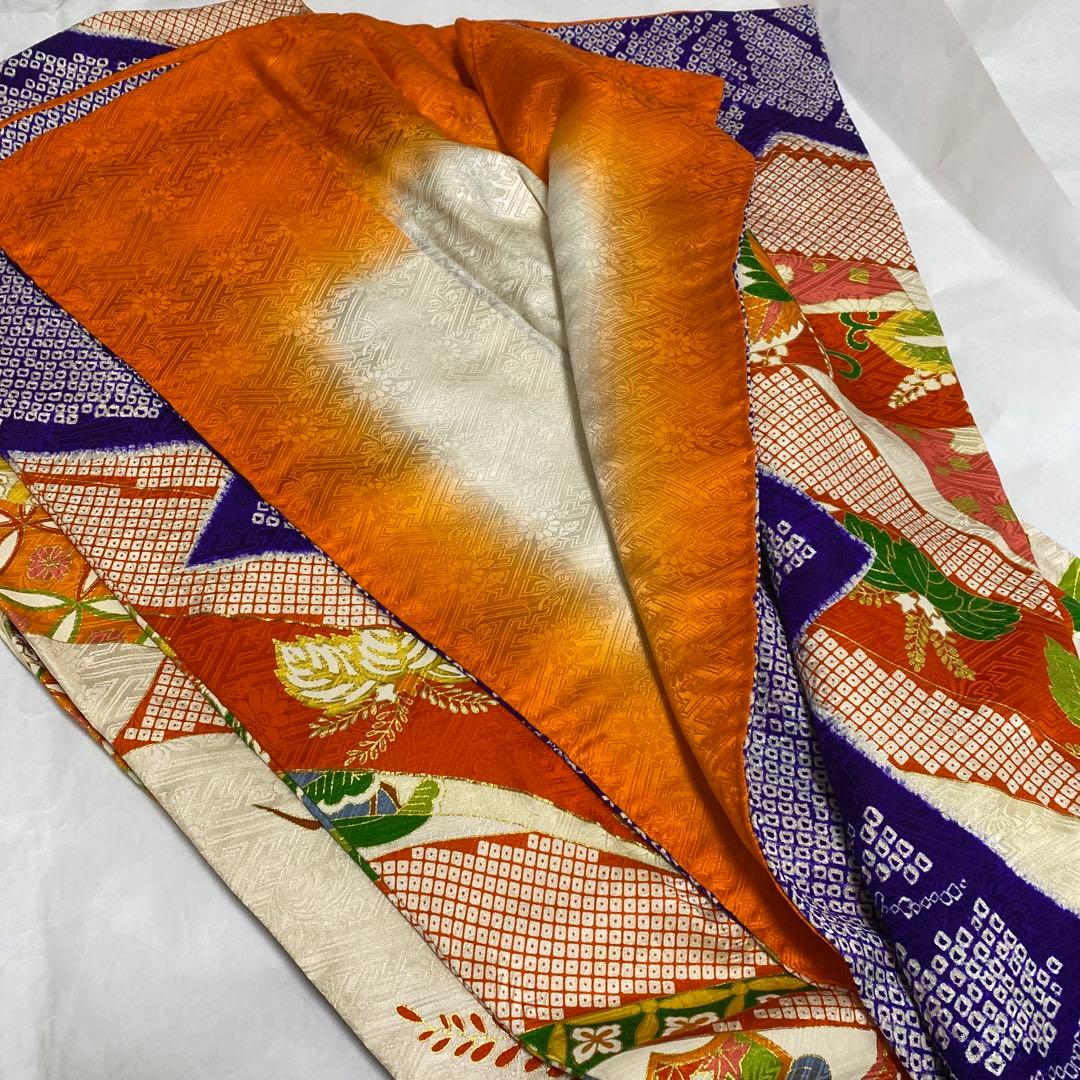 振袖　長襦袢　袋帯　3点セット　紺色　紫　有松絞り　鹿の子絞り　金駒刺繍　金彩