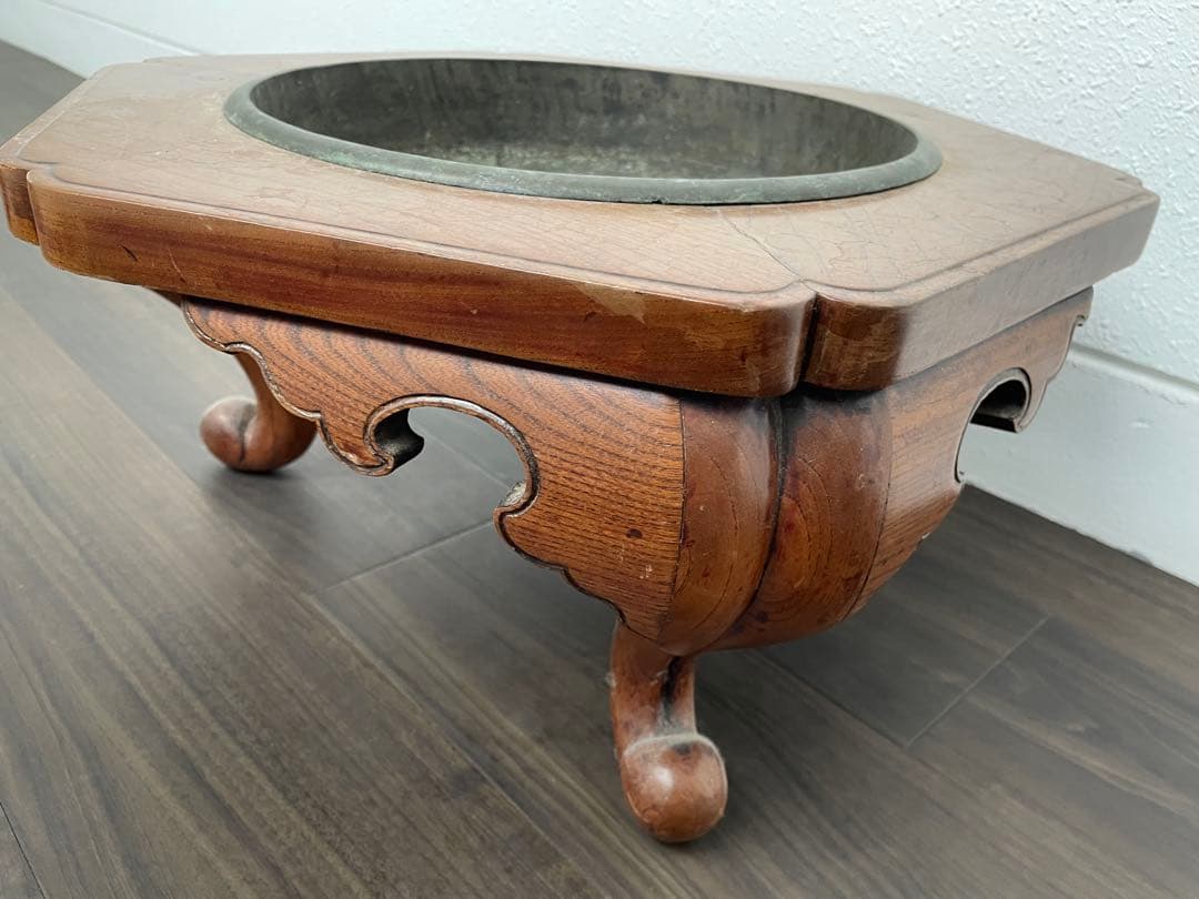 アンティーク　六角形木製火鉢金属皿付き