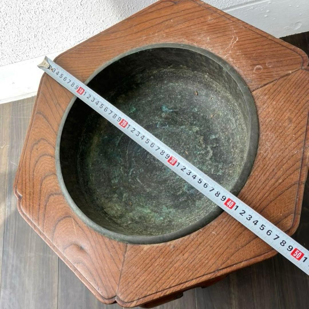 アンティーク　六角形木製火鉢金属皿付き