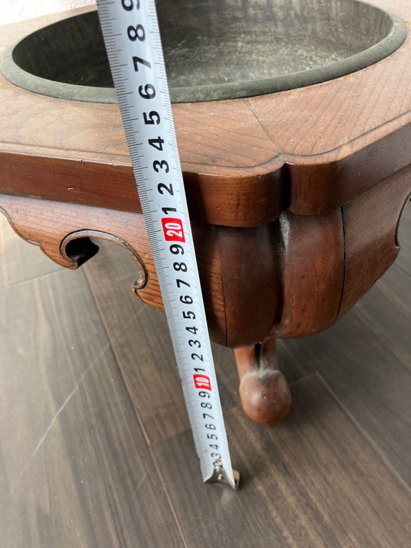 アンティーク　六角形木製火鉢金属皿付き