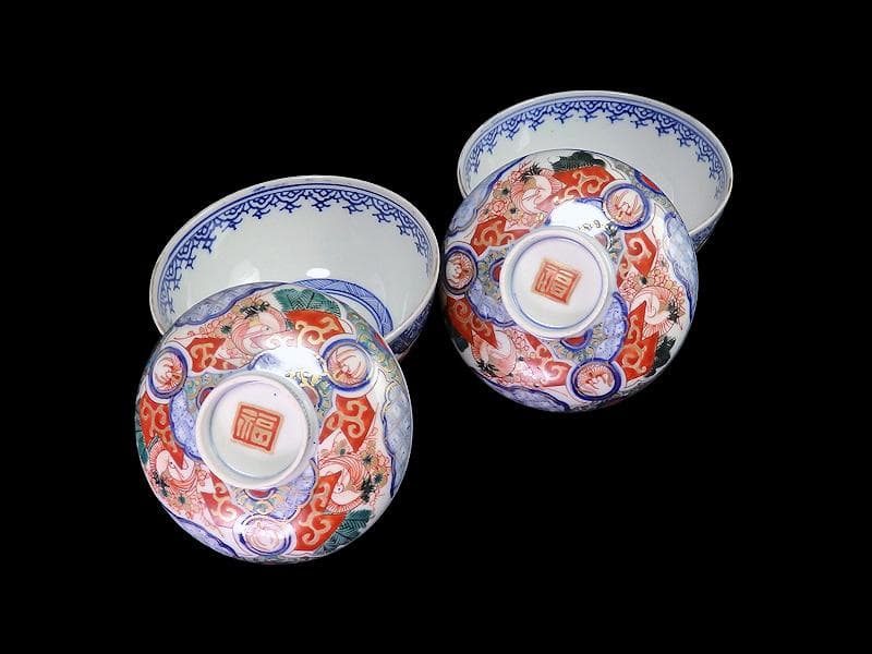 古伊万里　金襴手　若松に梅　舞鶴の図　大振蓋茶碗　２客　E170AS-fbtg