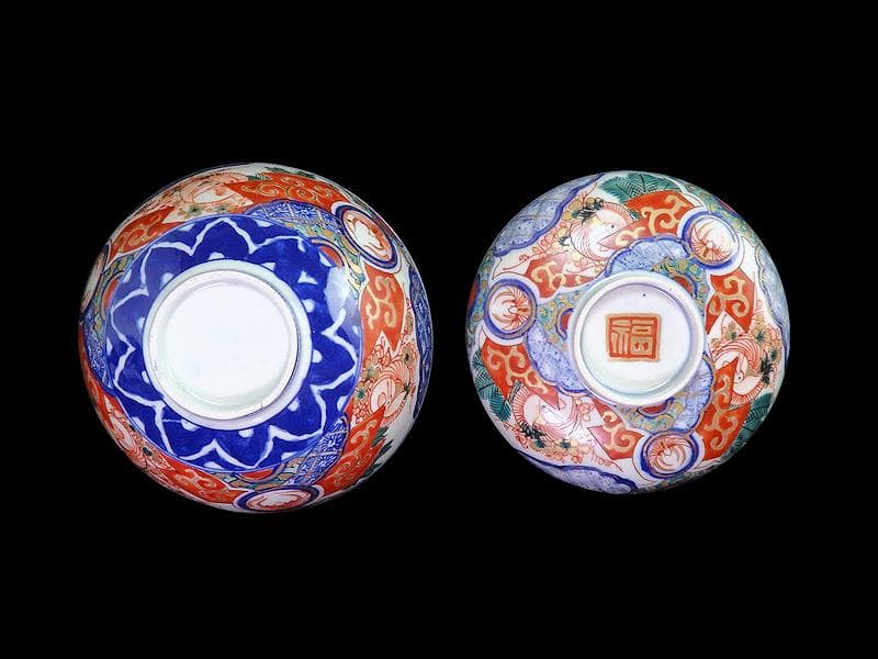 古伊万里　金襴手　若松に梅　舞鶴の図　大振蓋茶碗　２客　E170AS-fbtg