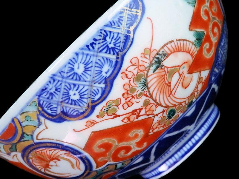 古伊万里　金襴手　若松に梅　舞鶴の図　大振蓋茶碗　２客　E170AS-fbtg