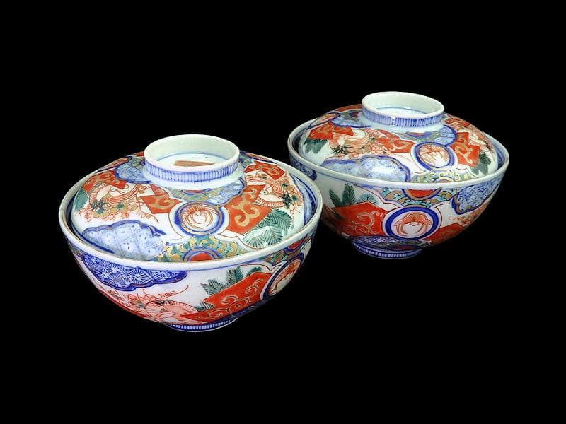 古伊万里　金襴手　若松に梅　舞鶴の図　大振蓋茶碗　２客　E170AS-fbtg