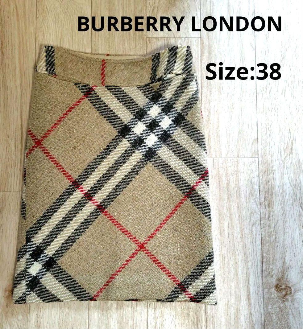 【美品】バーバリーロンドン　ひざ丈スカート　チェック柄　ウール　サイズ38