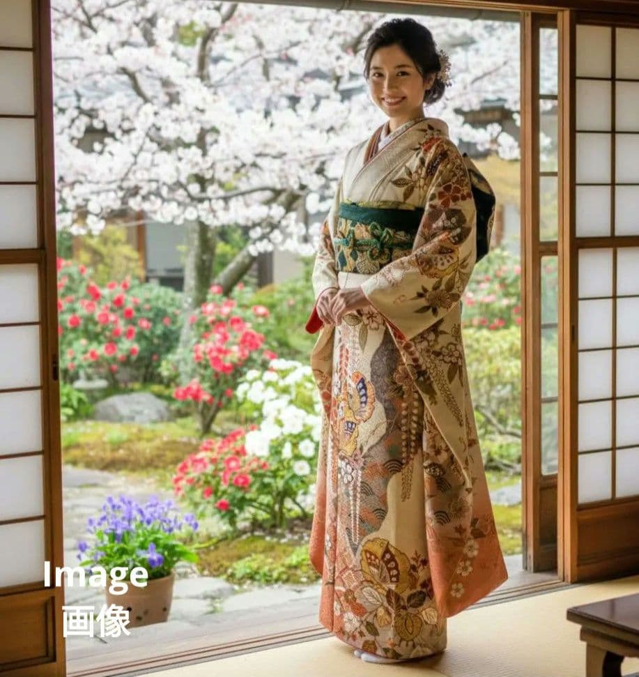 456 アイボリー　古典柄　正絹振袖7点フルセット　成人式卒業式謝恩会結婚式