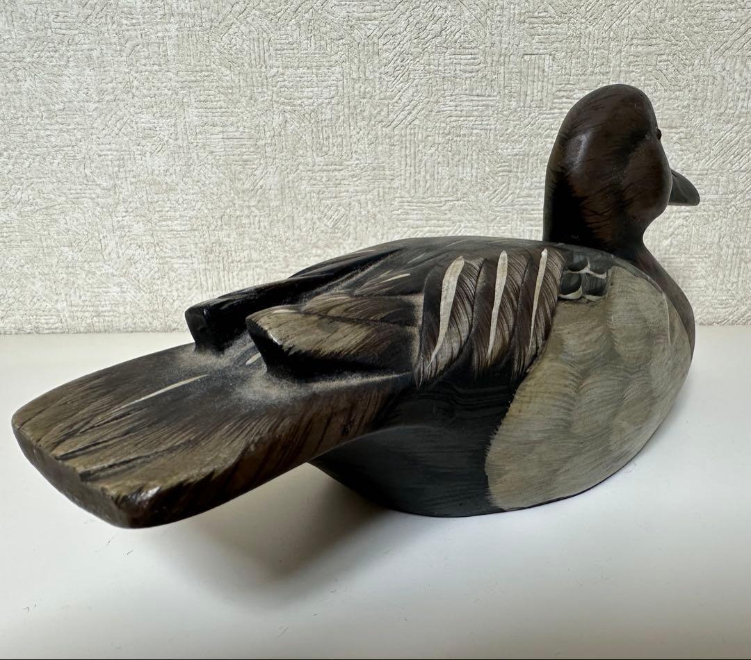 縁起物 天然木 カルガモ 鳥 木彫り置物 カモ 鴨 小鴨 水鳥 バード デコイ