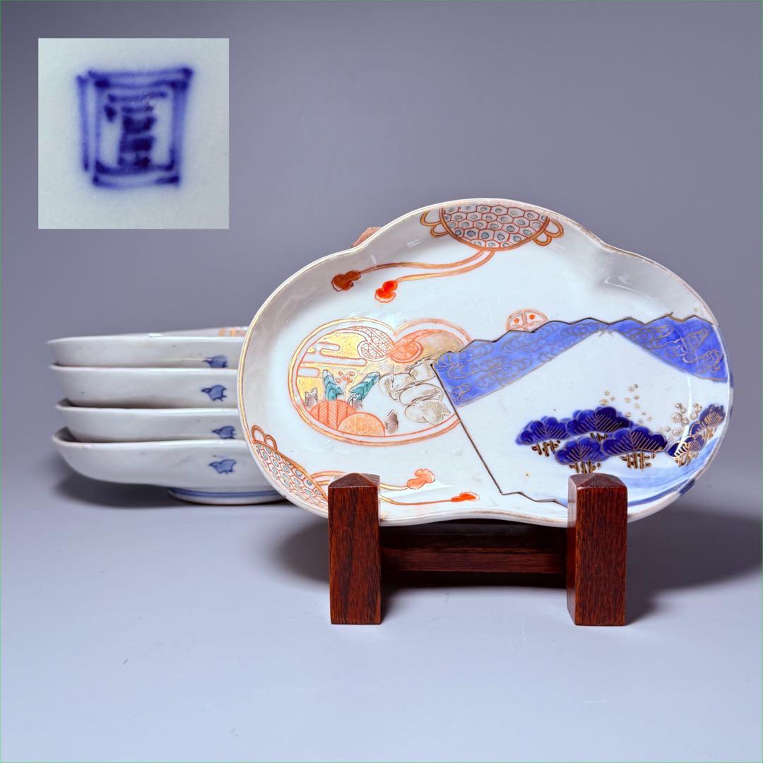 幕末～明治期　角冨　色絵扇絵変形皿　五客　裏千鳥文　金襴手　古器を楽しむ