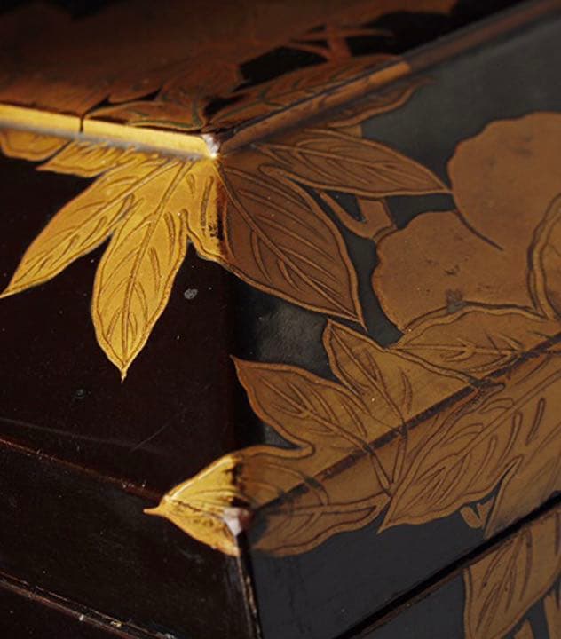 江戸後期〜明治期　高級茶道具　木箱付アンティーク木黒漆塗 草花蒔絵 提梁蓋付