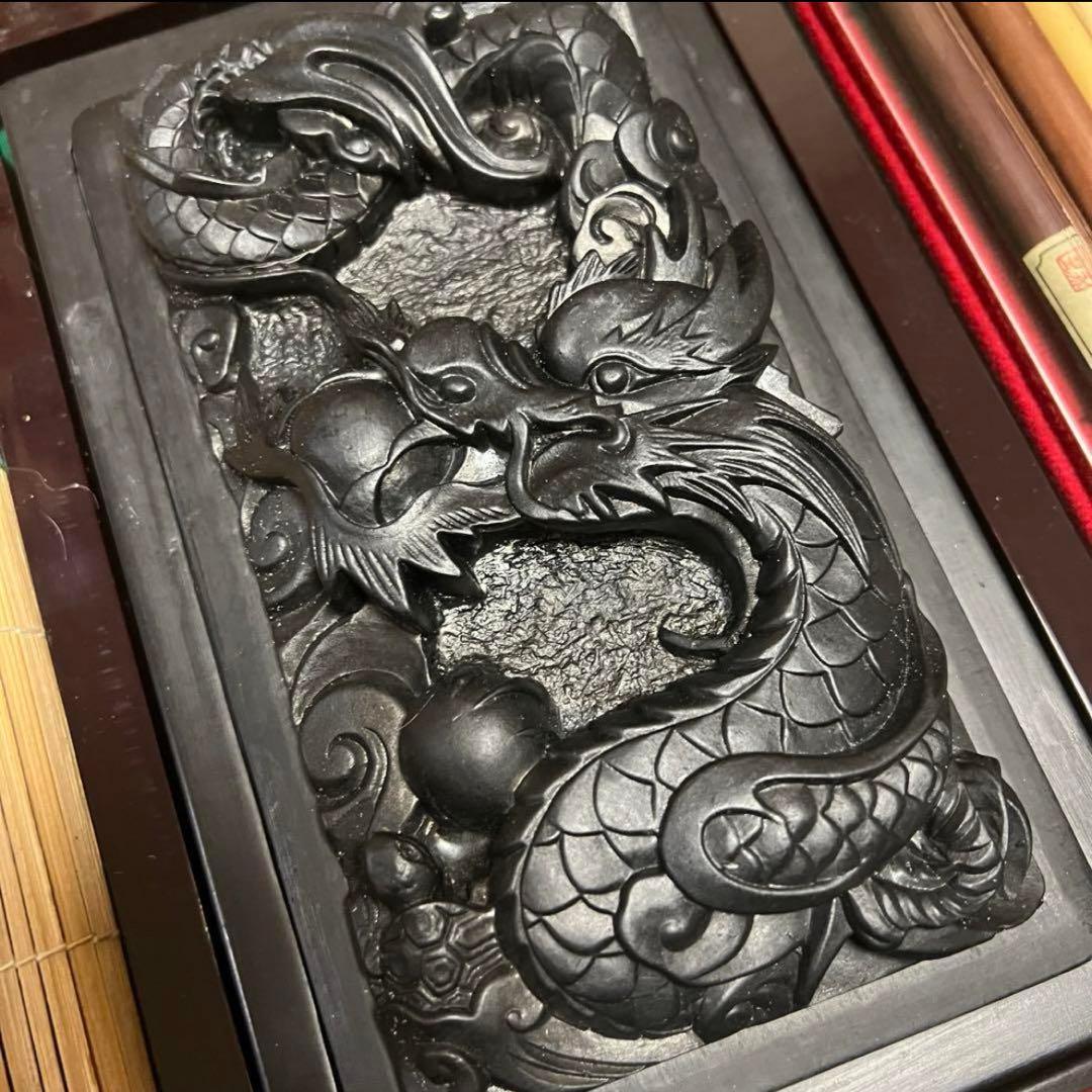 新品未使用 中国 書道具 成甫堂 青磁 上海 書道筆 中国筆 龍彫刻硯 水差し