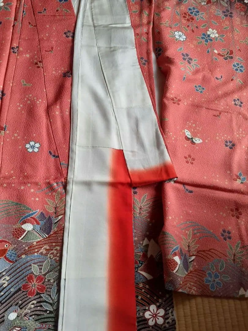 正統派 古典柄 振袖 朱赤 波文様 花鳥 身丈160 裄66