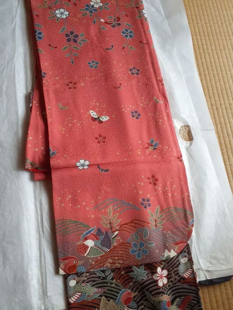 正統派 古典柄 振袖 朱赤 波文様 花鳥 身丈160 裄66