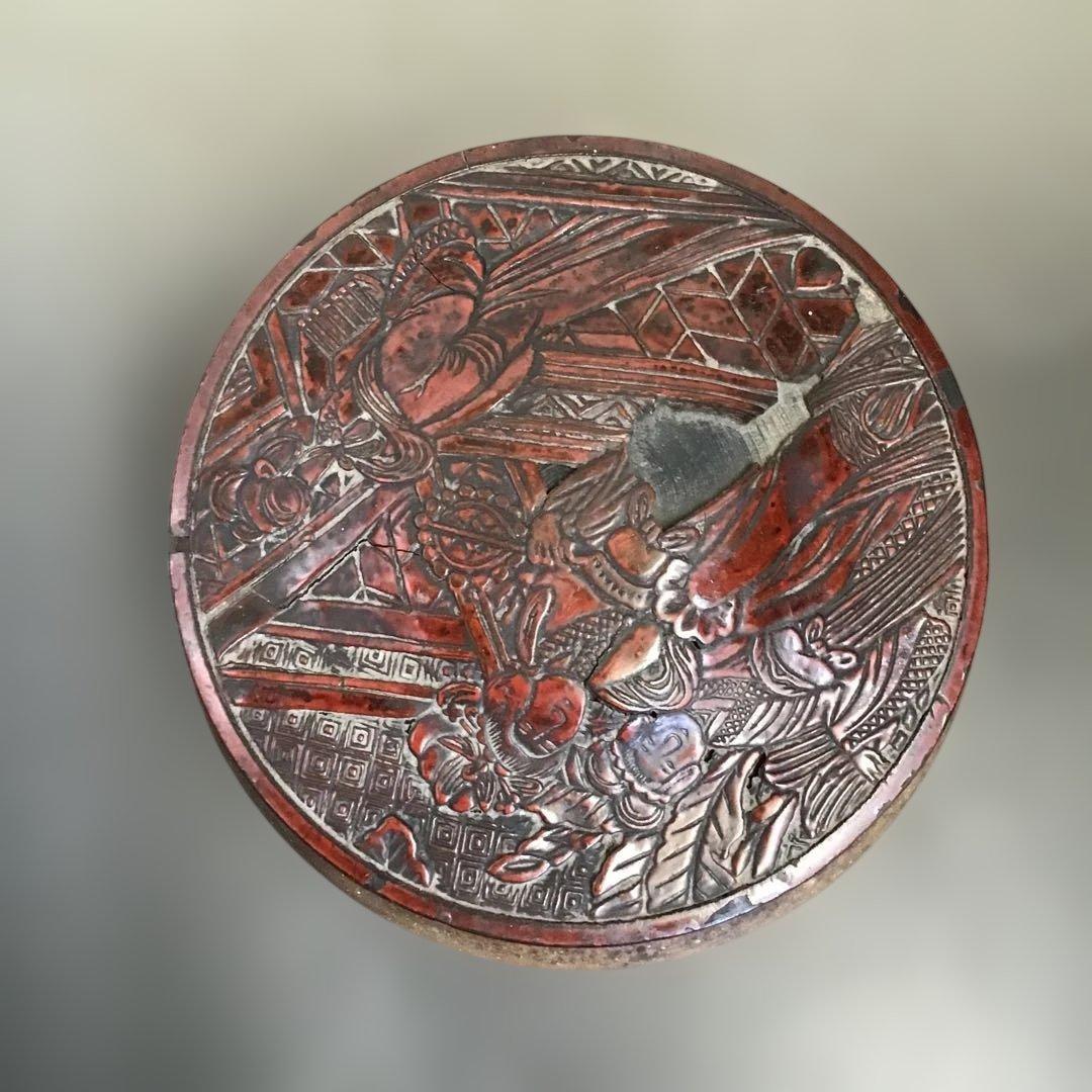 木製漆塗り彫刻蓋付き陶器　古常滑焼　茶道具　水指　骨董品　アンティーク