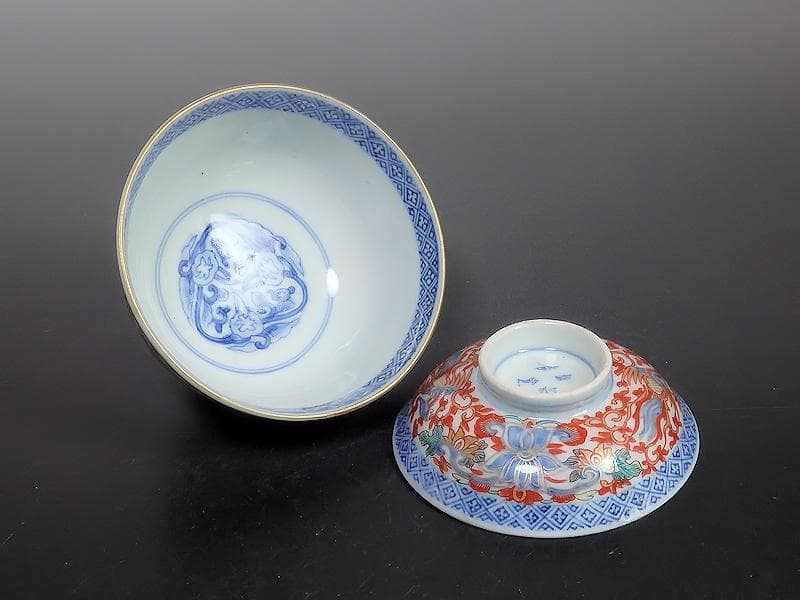 古伊万里　色絵　花唐草に鳳凰の図　蓋茶碗　２客C239A-B -BDg