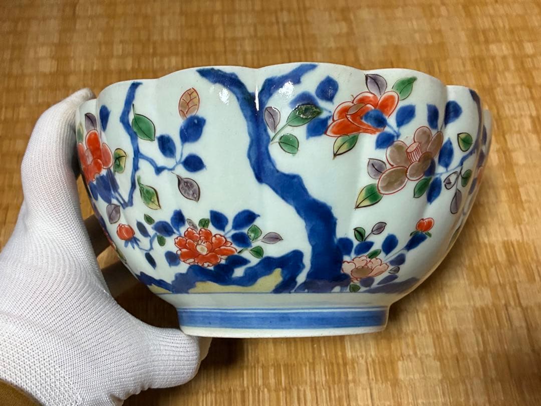 古伊万里 染付 金彩 菊紋 牡丹紋 輪花 深鉢 盛鉢 時代物