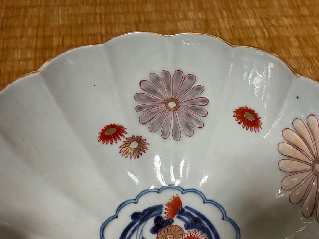 古伊万里 染付 金彩 菊紋 牡丹紋 輪花 深鉢 盛鉢 時代物