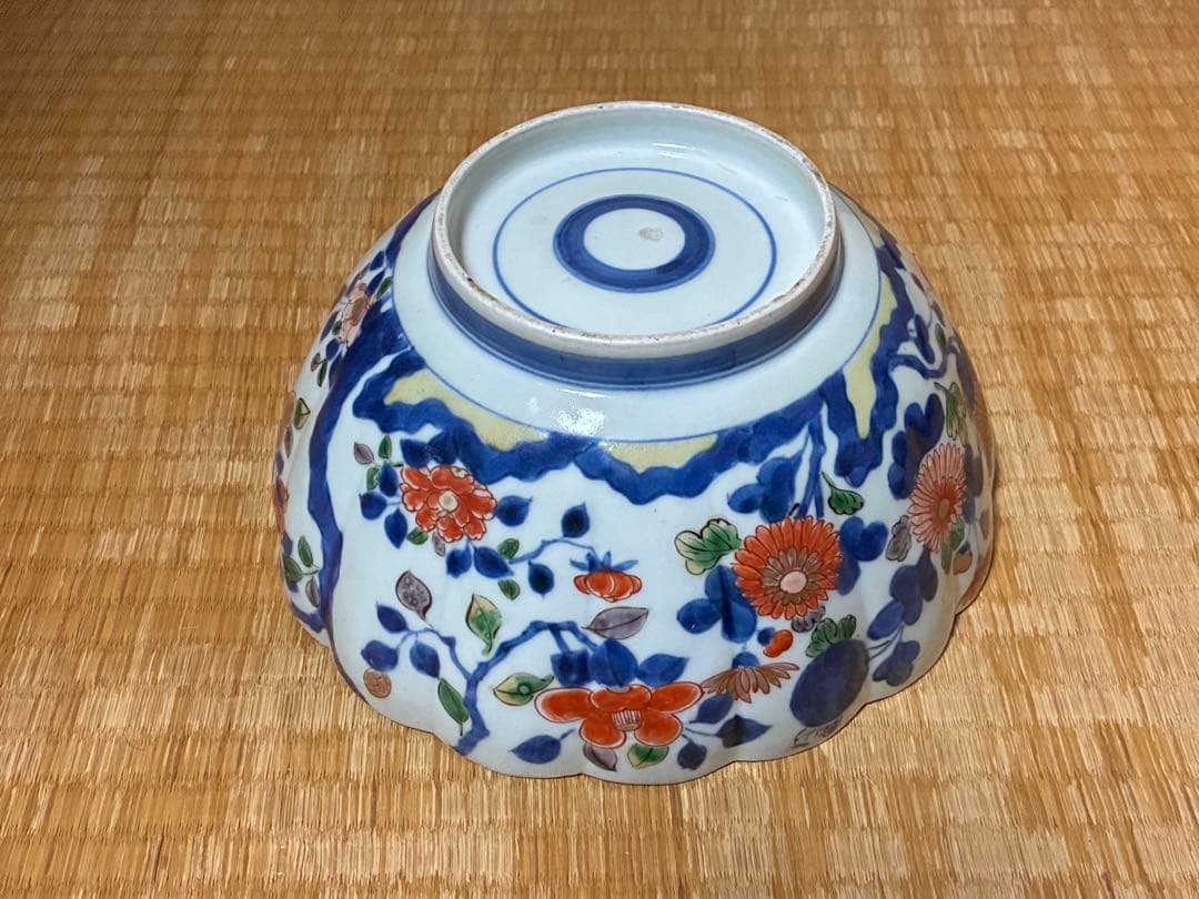 古伊万里 染付 金彩 菊紋 牡丹紋 輪花 深鉢 盛鉢 時代物