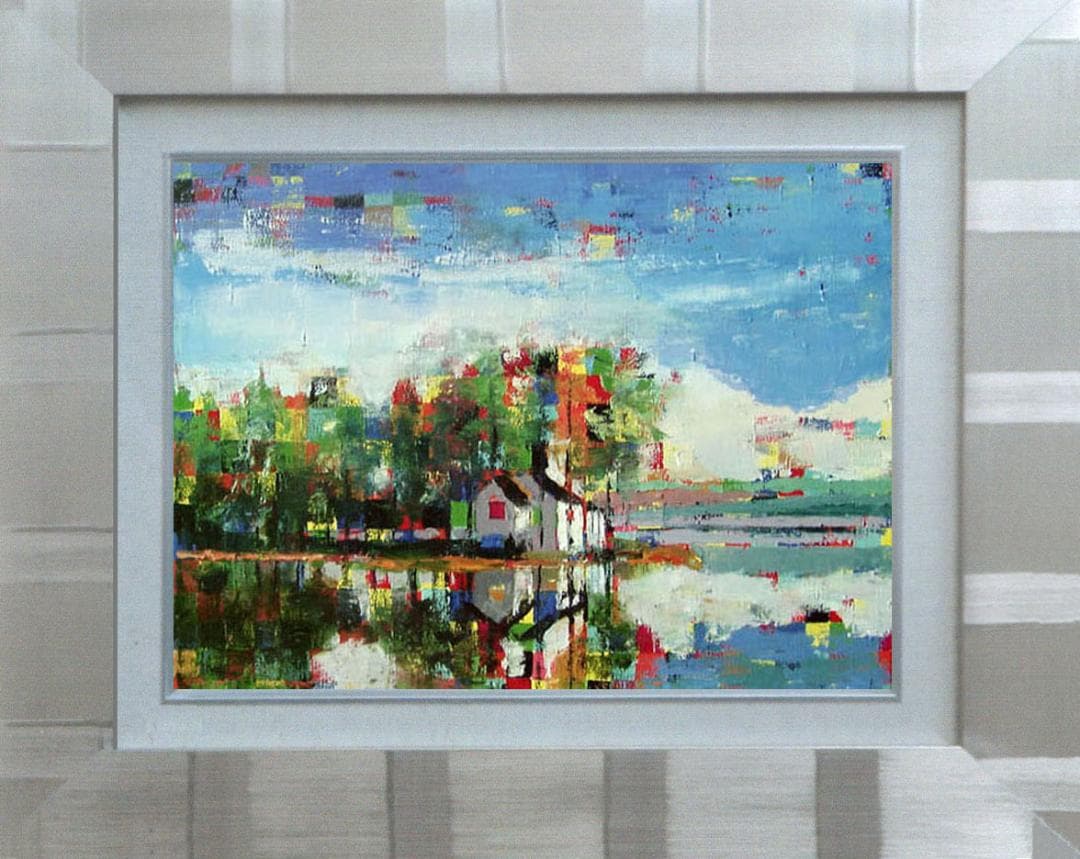 油絵 菅家令子 絵画インテリア額付(青緑＋金色の枠) uF6-062403 風景