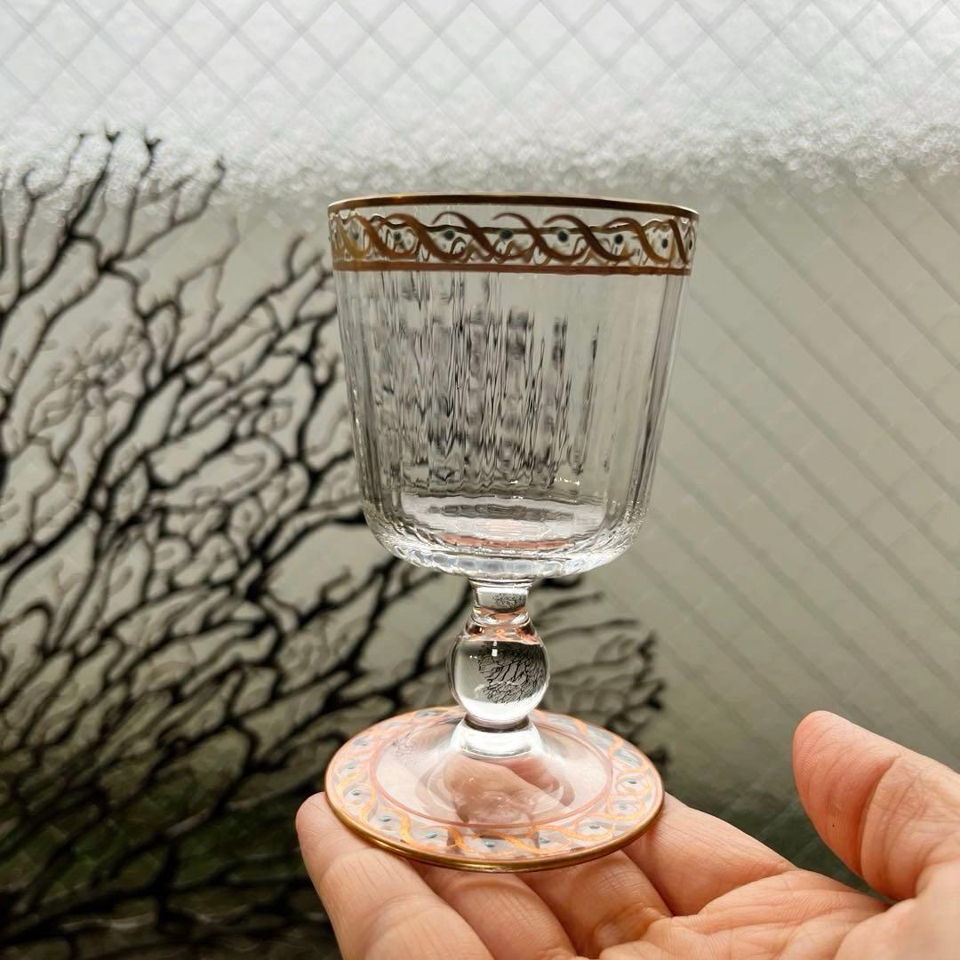 骨董　時代ガラス　モールガラス　金彩　エナメル彩　薄張り　筒型　脚付グラス　盃