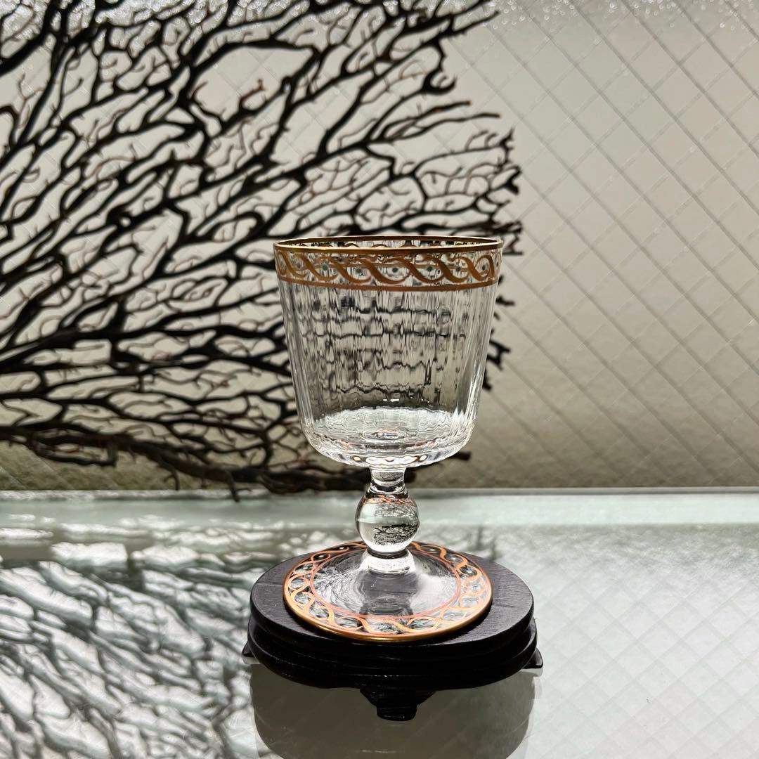 骨董　時代ガラス　モールガラス　金彩　エナメル彩　薄張り　筒型　脚付グラス　盃