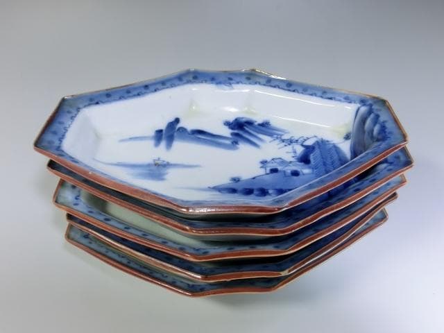皿■古い染付菱形皿 5枚 山郷山水船図 変皿 明治期 時代物 骨董品 珍品■