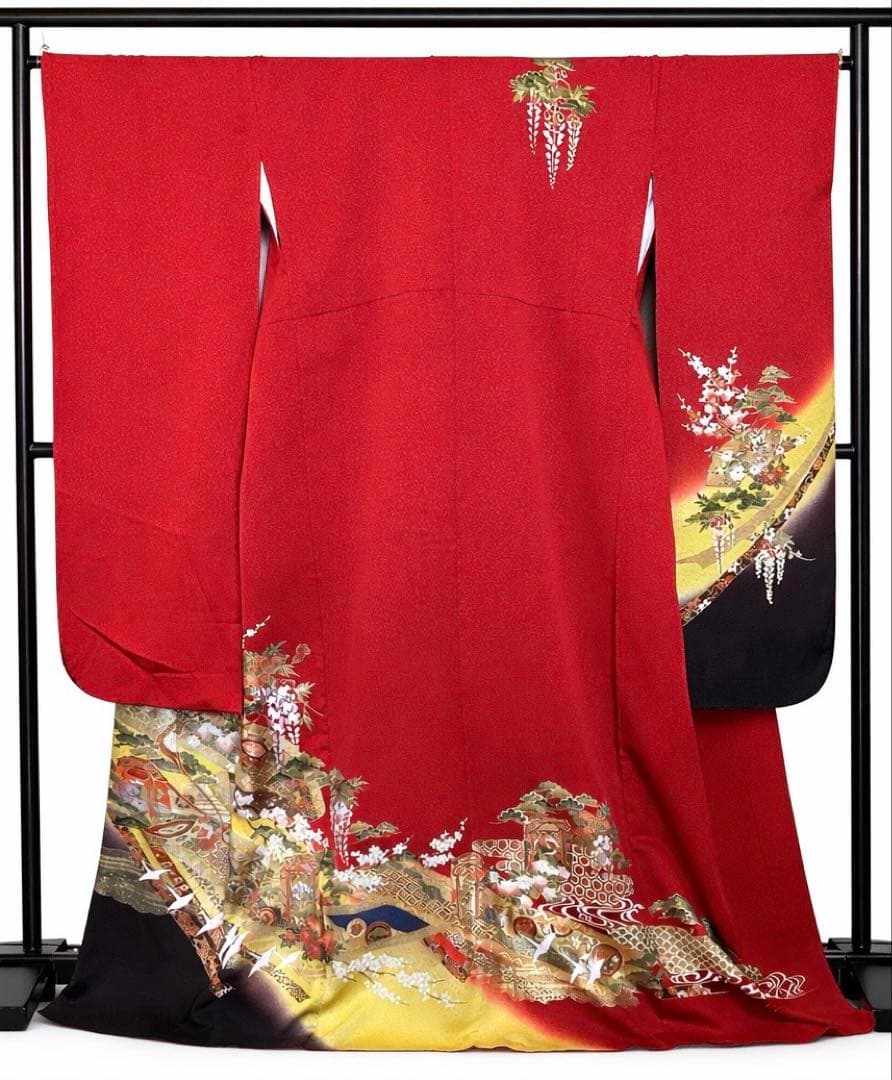 振袖赤地 藤花 風景 古典柄 金彩 晴れ着ガード
