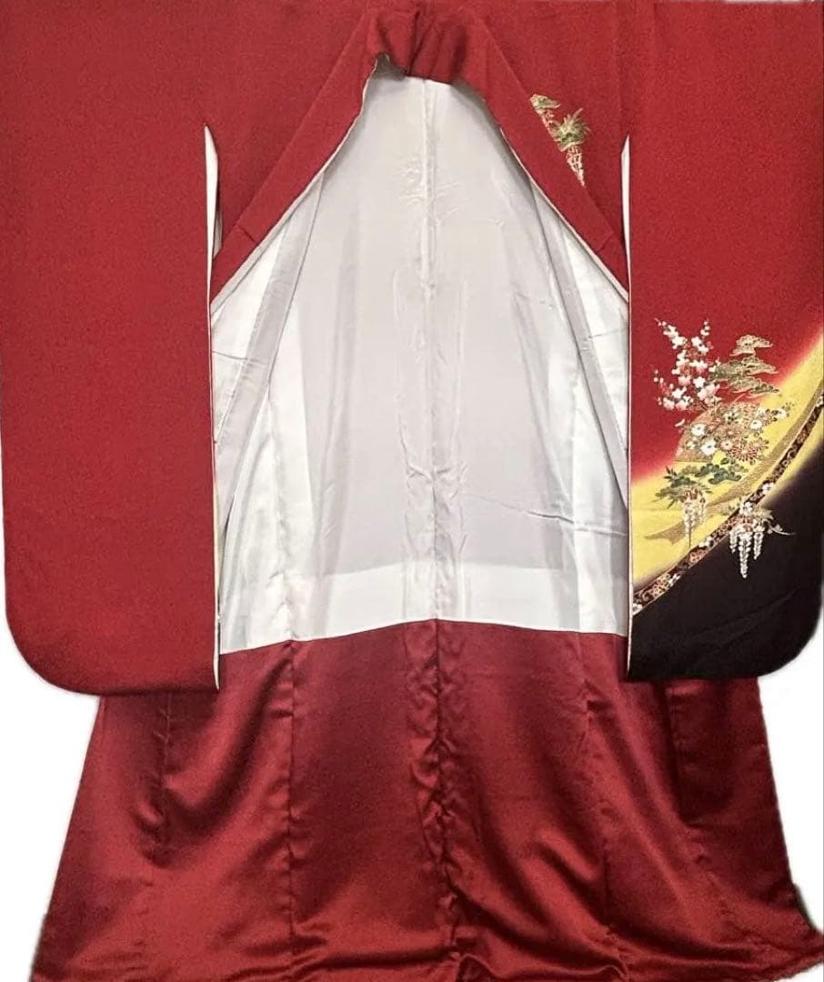 振袖赤地 藤花 風景 古典柄 金彩 晴れ着ガード