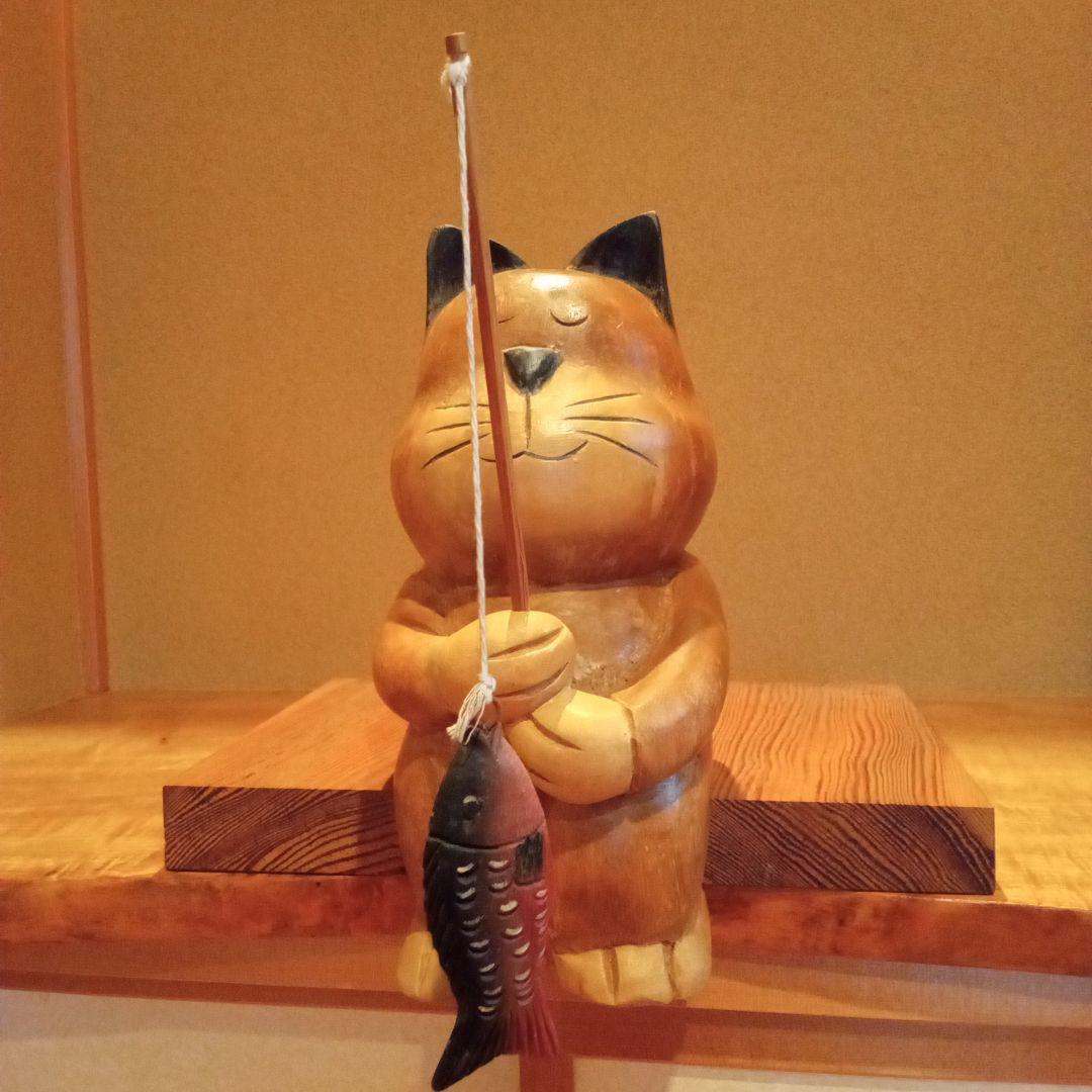 【アンティーク】猫の魚釣り 木彫 ビンテージ