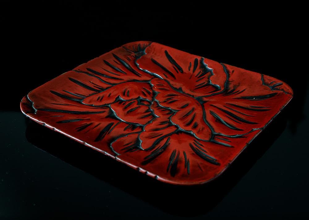 時代年代物 木製漆器 鎌倉彫 牡丹文 長方盆 飾皿 茶道具 煎茶道具 黄布