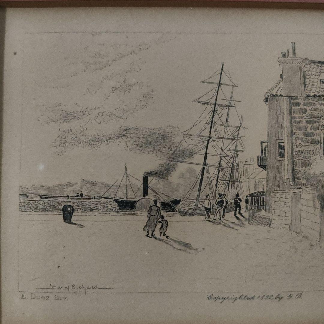 デュエス E. Duez 銅版画『ノルマンディーの港町』1892年制作他、計2点