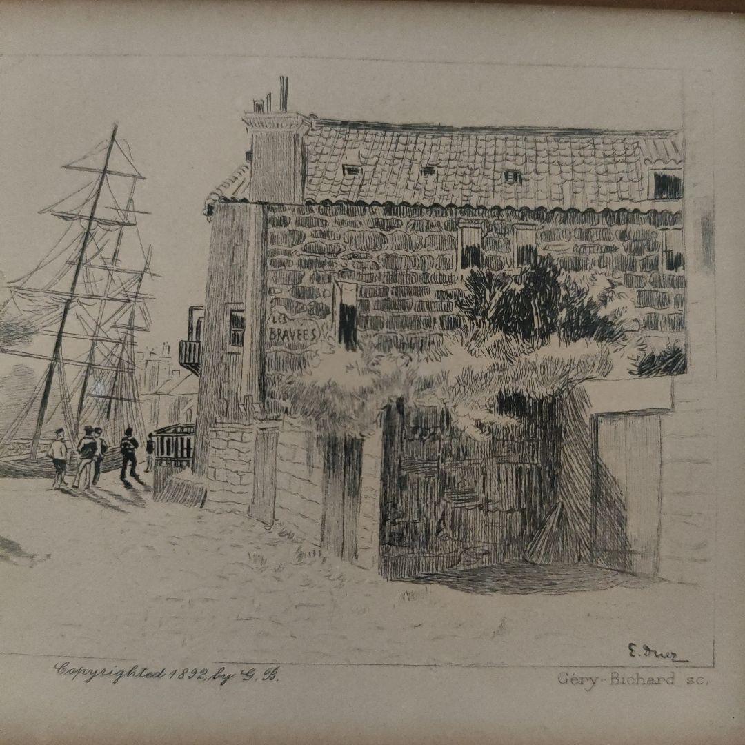 デュエス E. Duez 銅版画『ノルマンディーの港町』1892年制作他、計2点