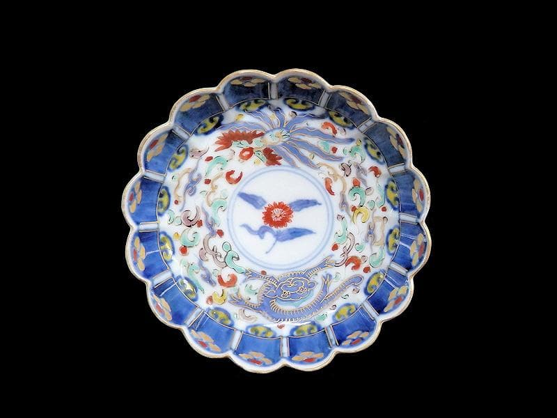 大聖寺伊万里　金襴手　鳳凰に雲龍の図　輪花４寸皿　３枚　E343AS-CBr