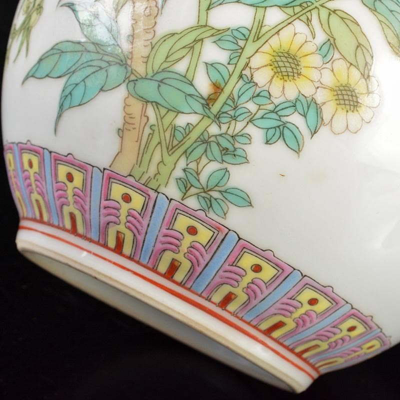 中国　中国景徳鎮製　粉彩　漢詩花鳥文　玉壷春瓶　時代箱付　M　R6427