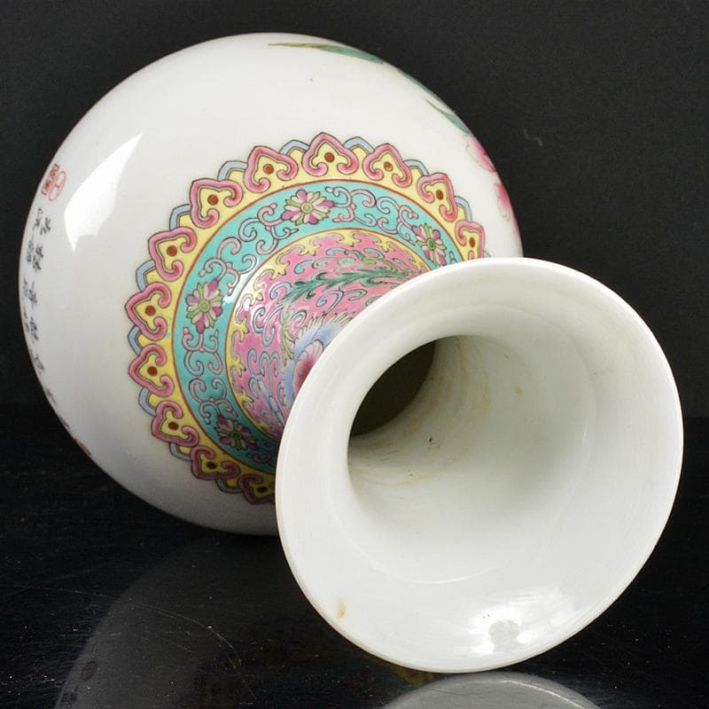 中国　中国景徳鎮製　粉彩　漢詩花鳥文　玉壷春瓶　時代箱付　M　R6427