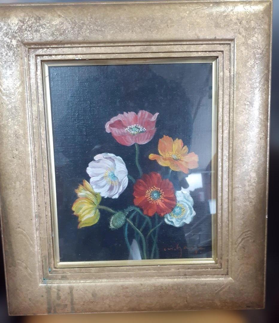八木道夫 花の絵 油彩画 金色のフレーム