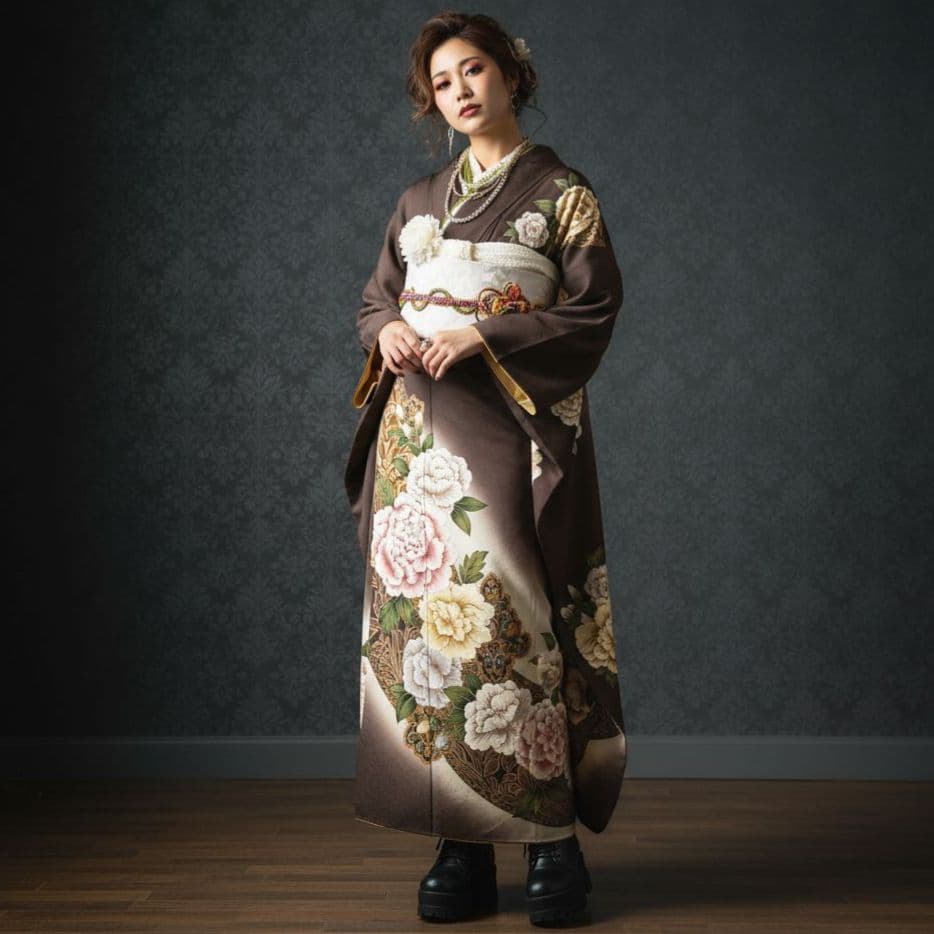 振袖フルセット(8点)・作家物・落款入り・更紗牡丹・高級縮緬・モダン・逸品