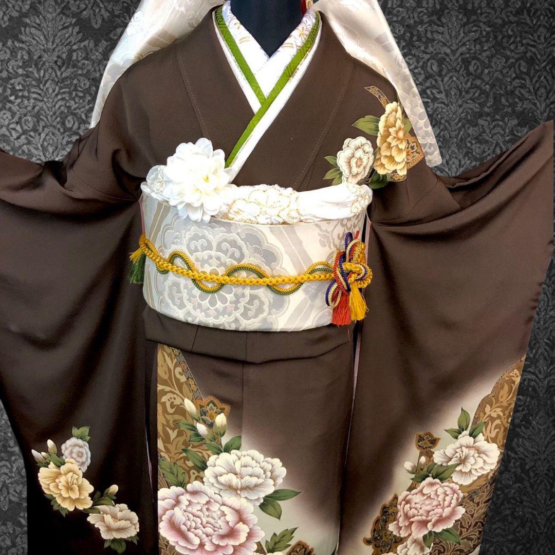 振袖フルセット(8点)・作家物・落款入り・更紗牡丹・高級縮緬・モダン・逸品