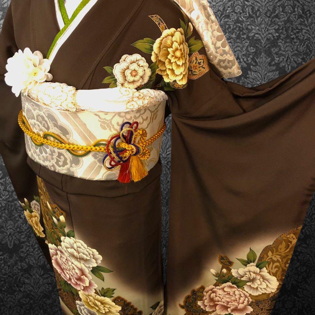 振袖フルセット(8点)・作家物・落款入り・更紗牡丹・高級縮緬・モダン・逸品