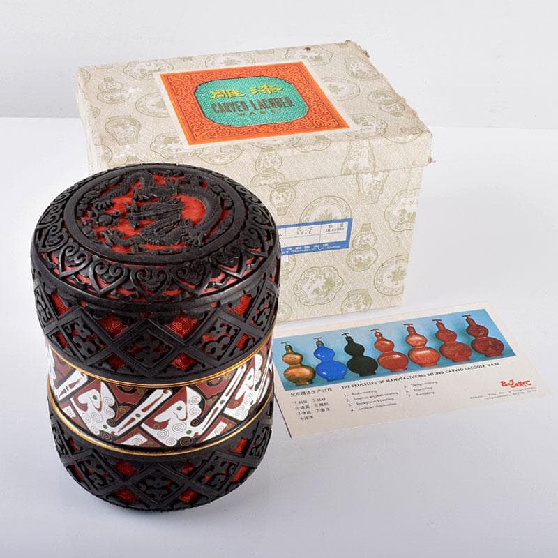 中国　剔紅　堆朱　堆黒　内七宝　雲龍文　三段重箱　H　R5782