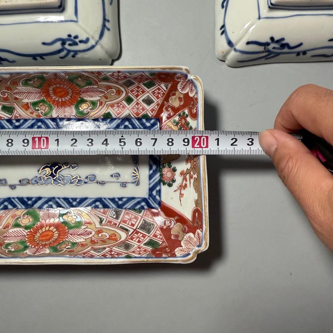 幕末〜明治時代　色絵草花文様長皿　四客　裏唐草文様　絢爛豪華　20.3cm