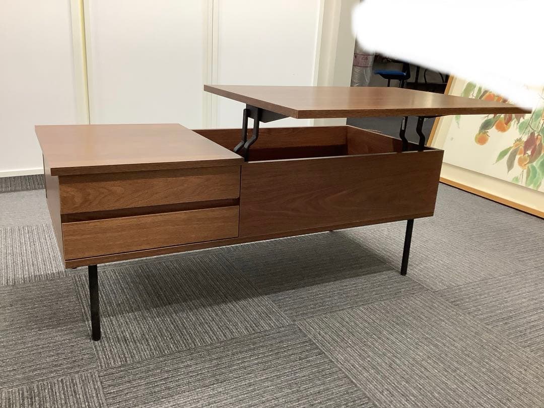 木製昇降テーブル デスクとテーブルの2way 引き出し+スライド収納付き