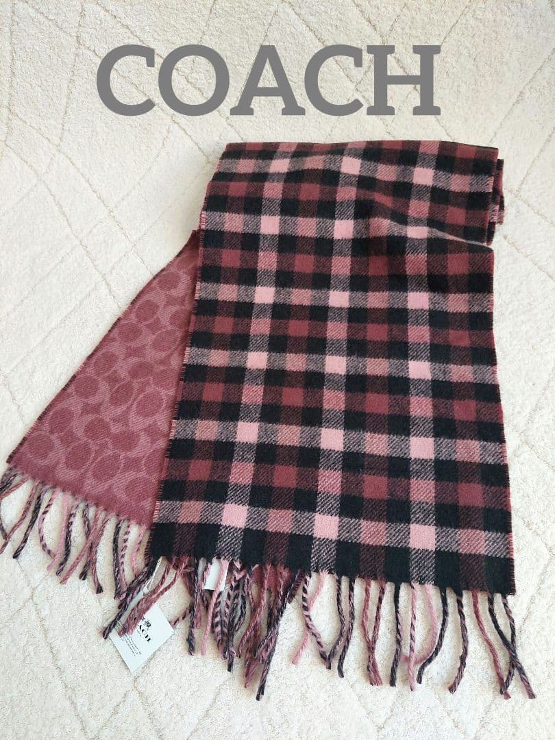 ✨未使用品✨コーチCOACHリバーシブルチェックマフラー　ピンク