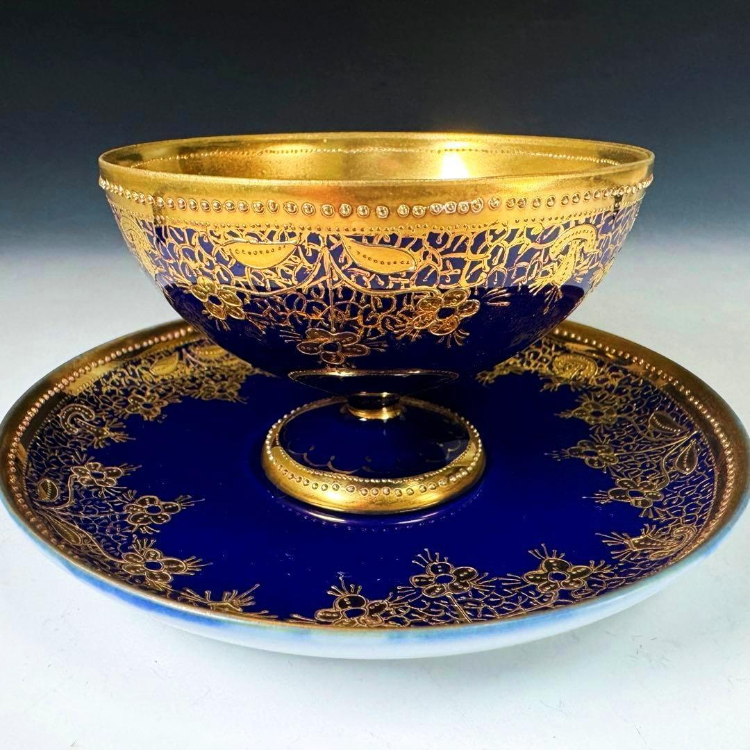 逸品■オールドノリタケ コバルト 金盛 レース装飾 ペディスタル カップソーサー